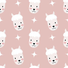 Cute lama seamless pattern, animal muzzle, alpaca head. Cartoon vector illustration. Kid texture, background, wallpapers, ornament. Childish design of wrapping paper, fabric, textile, graphic, print