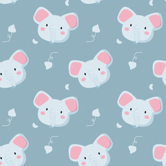 Cute elephant seamless pattern, animal muzzle, head. Cartoon vector illustration. Kid texture, background, wallpapers, ornament. Childish design of wrapping paper, fabric, textile, graphic, print