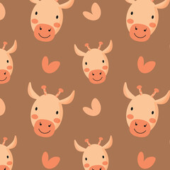 Cute giraffe seamless pattern, animal muzzle, head. Cartoon vector illustration. Kid texture, background, wallpapers, ornament. Childish design of wrapping paper, fabric, textile, graphic, print