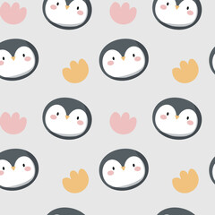 Cute penguin seamless pattern, animal muzzle, head. Cartoon vector illustration. Kid texture, background, wallpapers, ornament. Childish design of wrapping paper, fabric, textile, graphic, print