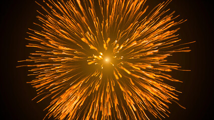 Realistic fireworks explosion on a black cosmic background. Motion. Star explosion with light rays spreading into all the sides.