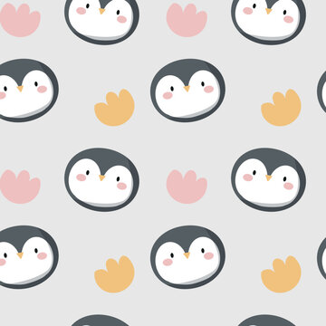 Cute penguin seamless pattern, animal muzzle, head. Cartoon vector illustration. Kid texture, background, wallpapers, ornament. Childish design of wrapping paper, fabric, textile, graphic, print