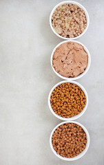 Different types of cat food in straight line on grey surface with copy space