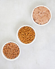 Different types of cat food in straight line on grey surface with copy space