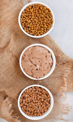 Different types of cat food in straight line on grey surface with copy space