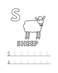 Alphabet with cute cartoon animals isolated on white background. Coloring pages for children education. Vector illustration of sheep and tracing practice worksheet letter S