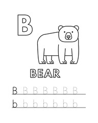Alphabet with cute cartoon animals isolated on white background. Coloring pages for children education. Vector illustration of bear and tracing practice worksheet letter B