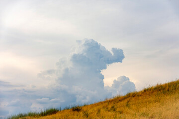 an elephant-like cloud over a hillside with yellowed grass