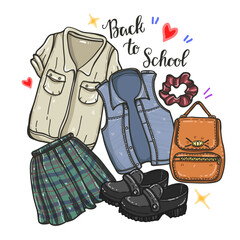 Vector fashion illustration. Back to school, school uniforms, handmade, stickers, set