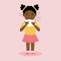 African girl children suffering from flu. Sick kids sneezing in handkerchief or tissue paper. Flu or cold allergy symptom cartoon. Influenza treatment. COVID-19 Coronavirus infection.