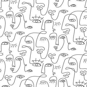 One line drawing abstract face seamless pattern