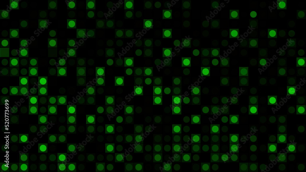 Poster black background with green blinking circles on a black background. motion. pixelated pattern with r