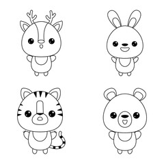 Set contoured cartoon animals in hand drawn style on white background. Hand drawn illustration. Cartoon vector illustration. Cute symbol. Funny vector illustration. Funny cartoon character