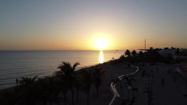 sunrise at the beach with coconut palm tree at boardwalk in mexico