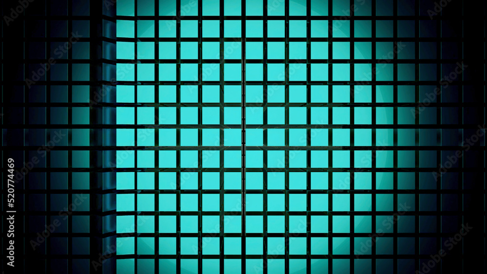 Poster Moving strip on surface with squares. Design. Background is made of square grid and moving wave line. Lines move in wave on background of squares