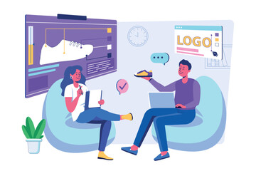 Branding team concept with people scene for web. Man and woman discussing idea to promote new product, develope of company identity and building brand. Vector illustration in flat perspective design