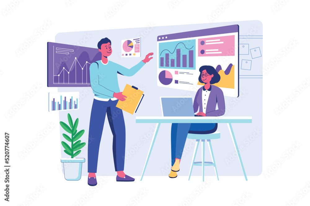 Aufkleber data science concept with people scene for web. woman ad man working with data on dashboards, explor