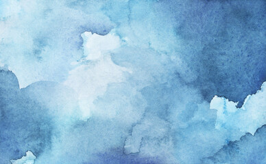 Hand painted watercolor blue background with abstract cloudy sky concept with color splash design. Texture grunge, soft fog.