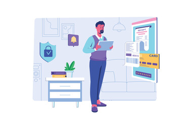 Electronic receipt concept with people scene for web. Man receiving digital invoice form for paying from smartphone app. Online bills and banking. Vector illustration in flat perspective design