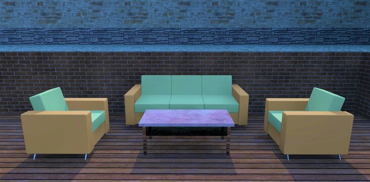 A Set Of Furniture In Soft Colors. Beige Armchairs And Sofa. Pale Azure Pillows. Table Top In Pink Marble. 3d Render.