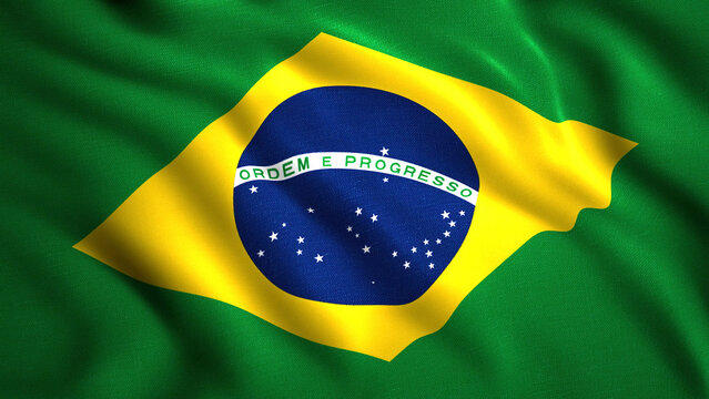 Close up of abstract Brazil flag animation. Motion. Waving colorful realistic flag smooth cloth.