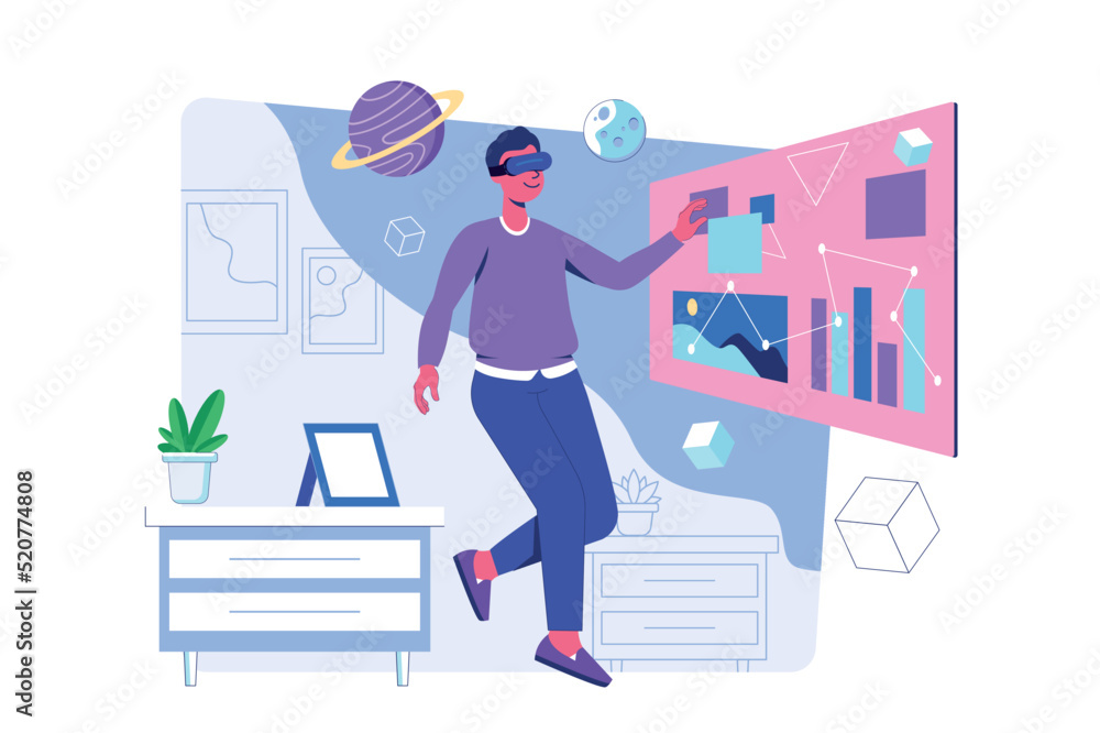 Poster metaverse concept with people scene for web. man in vr glasses working or learning and interacts wit