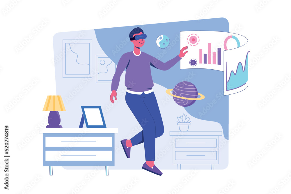 Poster metaverse concept with people scene for web. man in vr glasses interacts with data at dashboards and