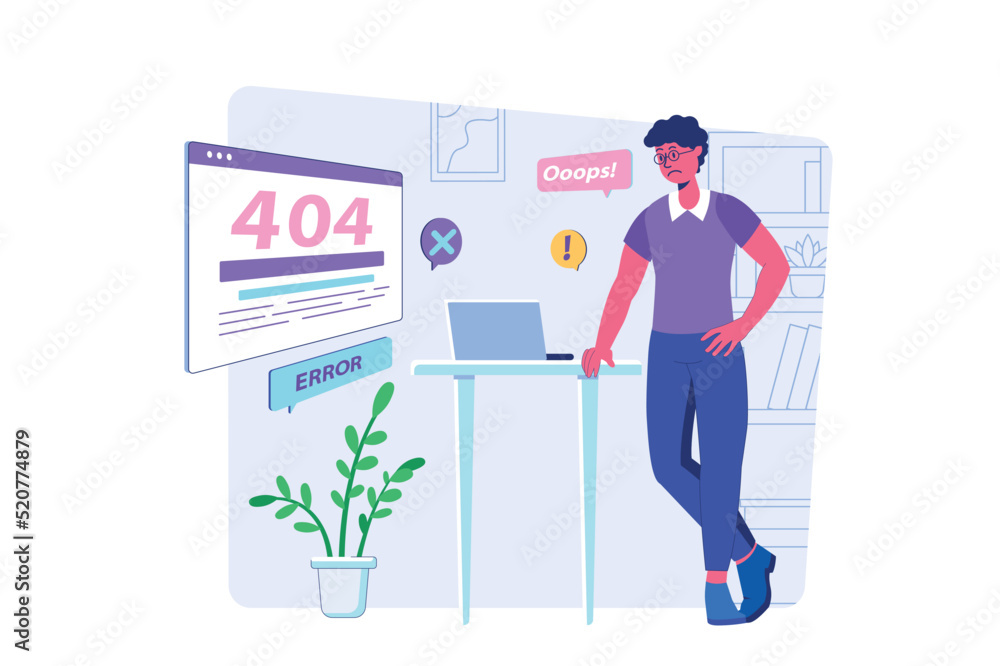 Poster page not found concept with people scene for web. sad man looking at 404 error sign at screen, recei