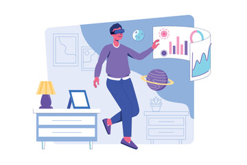 Metaverse concept with people scene for web. Man in VR glasses interacts with data at dashboards and making research in augmented reality with planets. Vector illustration in flat perspective design