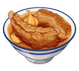 Bak Kut Teh singapore food menu close up illustration vector. Pork ribs soup chinese food. Famous pork rib soup singapore. Asian pork bone soup recipe isolated menu.