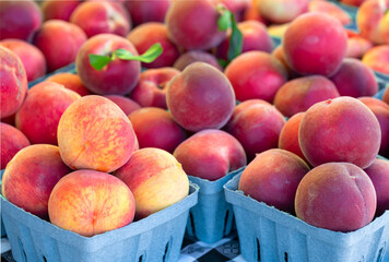Close-up of fresh yellow summer peaches at an outdoor farmer's market