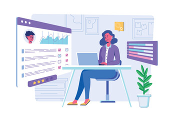 Online survey concept with people scene for web. Woman filling questionnaire form on huge screen using laptop, gives her feedback or answering test. Vector illustration in flat perspective design