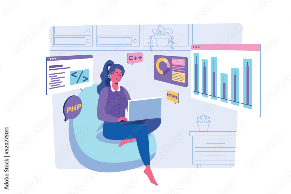 Aufkleber software development concept with people scene for web. woman coding, working with programming langu