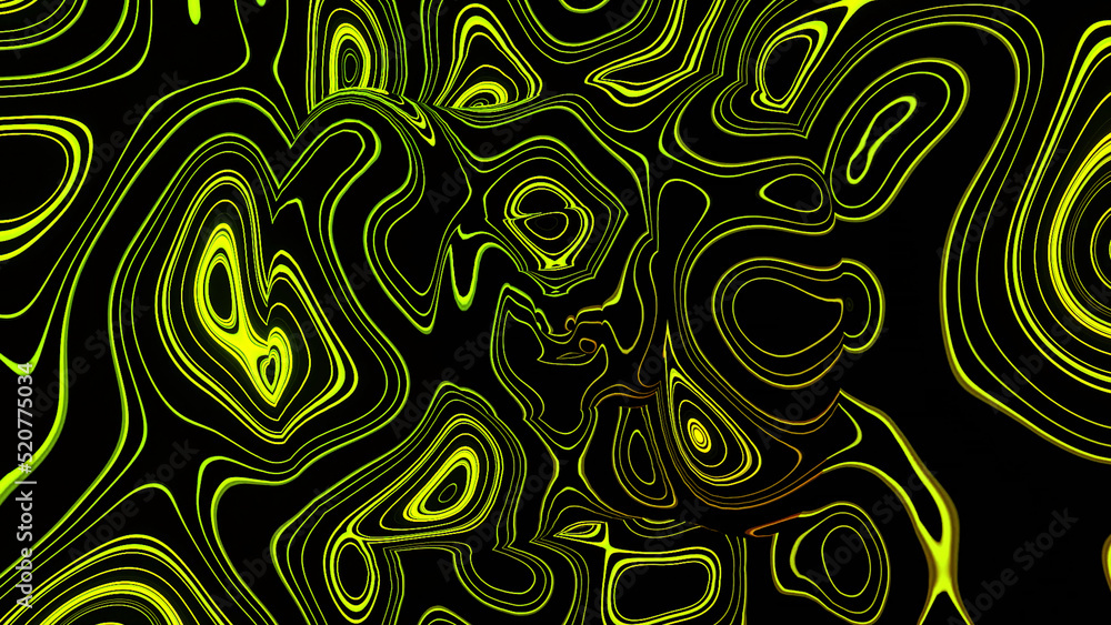 Poster moving random wavy texture. design. psychedelic animated abstract shapes on black background, toxic 