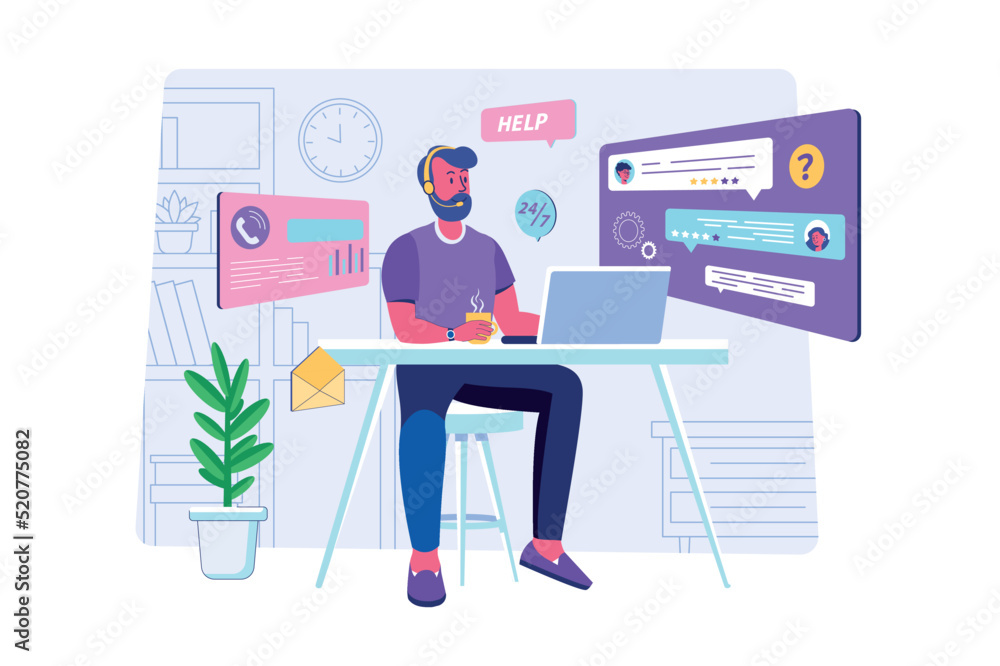 Poster technical support concept with people scene for web. man in headset chatting with clients and answer