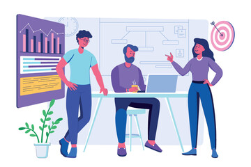 Strategic planning concept with people scene for web. Men and women discussing and generating new ideas, developing strategy and tactic, create plan. Vector illustration in flat perspective design