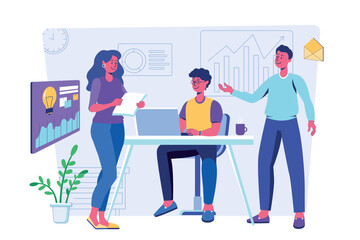Teamwork concept with people scene for web. Men and women discussing tasks, working together in company, collaboration and communication in office. Vector illustration in flat perspective design