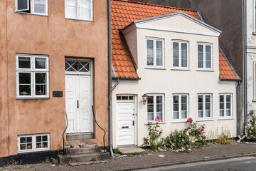 flowers on sidewalk and traditional house, Helsingor, Denmark
