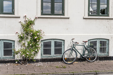 Fototapeta na wymiar bike and rose flowers on sidewalk in front of traditional house, Helsingor, Denmark