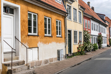 Fototapeta na wymiar flowers on sidewalk and row of traditional houses, Helsingor, Denmark