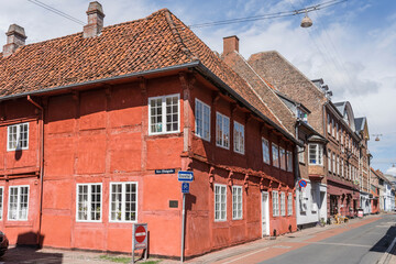 red traditional wattle house on crossroads, Helsingor, Denmark