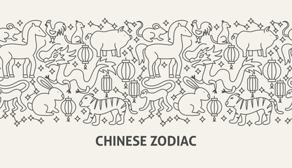 Obraz premium Chinese Zodiac Banner Concept. Vector Illustration of Outline Design.