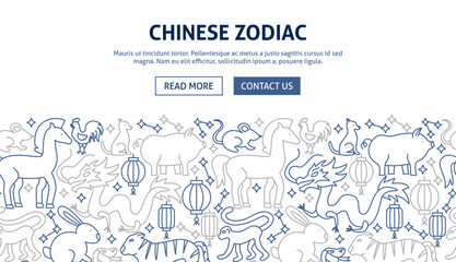 Chinese Zodiac Banner Design. Vector Illustration of Outline Template.