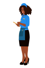 Smiling dark-skinned waitress takes the order. Waitress at work. Vector illustration, flat style. Isolated on white background