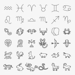 Zodiac Horoscope Line Icons Set. Vector Thin Outline Chinese Culture Symbols.