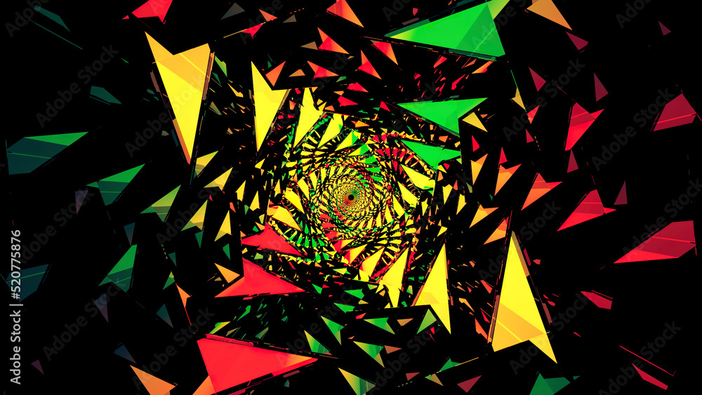 Poster abstract animated background with twisting colorful arrows, seamless loop. design. rotating triangul