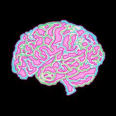 Illustration of a colorful human brain on a black background.