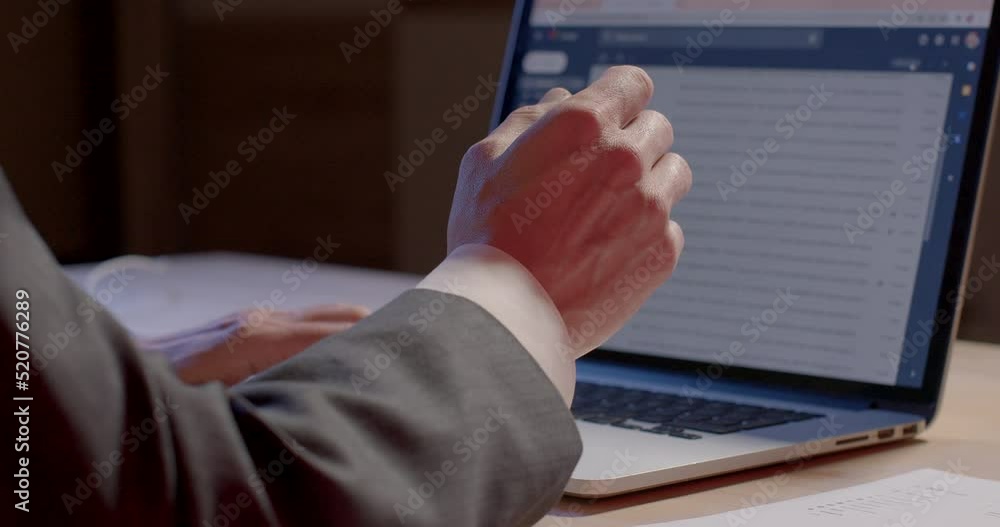 Poster fine motor skills worker. on monitor movement text in bokeh laptop table. searching for necessary in