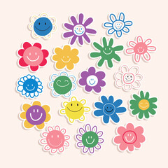 Funny flower characters. Set of floral stickers. Vector hand drawn illustration. - 520776455