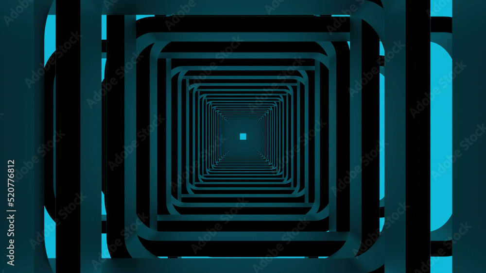 Poster abstract turquoise square shaped tunnel moving slowly, seamless loop. design. endless long corridor 